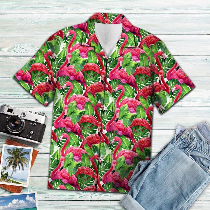 Pink Flamingo Leaf Tropical Polyester Hawaii Shirt Ha40022