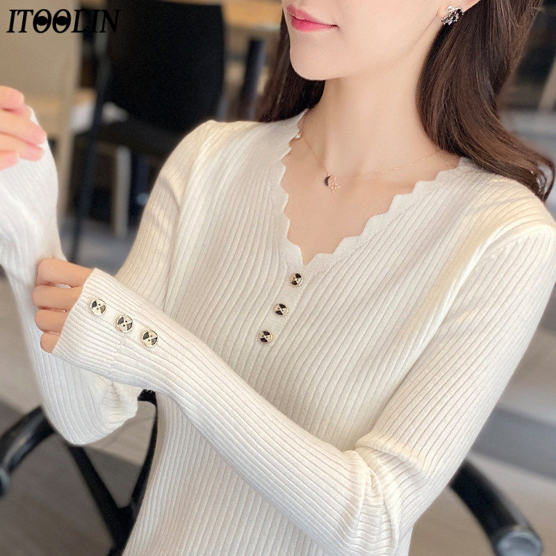 Abrini Women Button Up Sweater Autumn Winter 2022 Knitwear V-neck Slim Fit Women Sweater Long Sleeve Solid Jumpers Basic alx