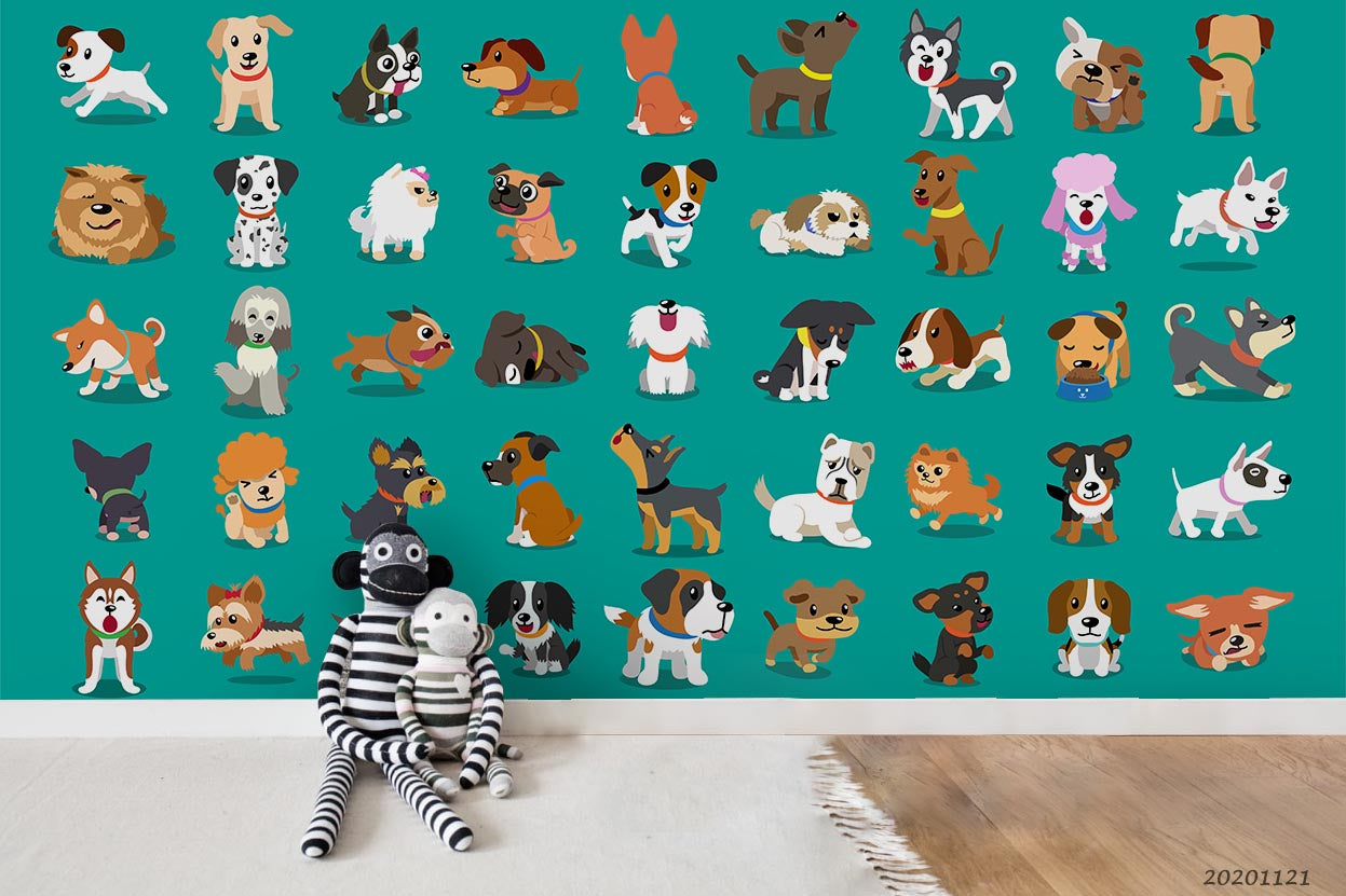 3D Cartoon Hand Drawn Colorful Dog Animal Pattern Green Wall Mural Wallpaper Lxl