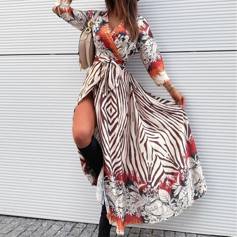 Women Sexy Deep V-neck Bohe Long Dress Spring Elegant Pattern Print Split Party Dress Fall Casual Long Sleeve Tie-up Beach Dress alx