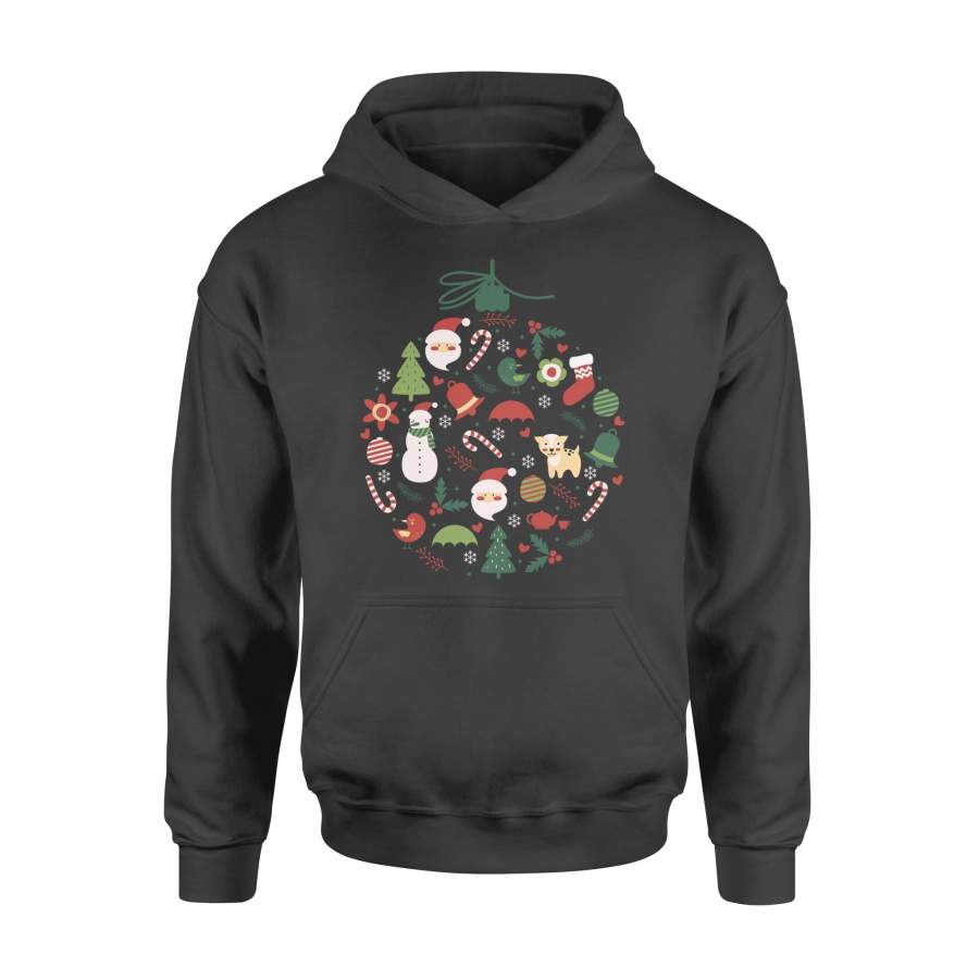 Christmas Gift Idea Laurel Wreath Is Composed Of Santa Claus Pine Bells Candy Cane Snow Birds And Holly – Standard Hoodie