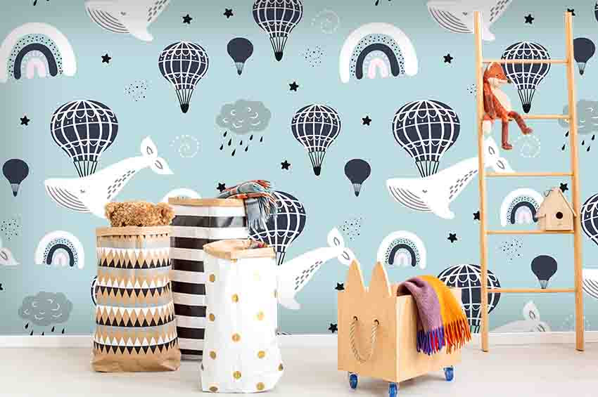 3D Cartoon Black White Whales Balloon Rainbow Green Wall Mural Wallpaper Zy D99