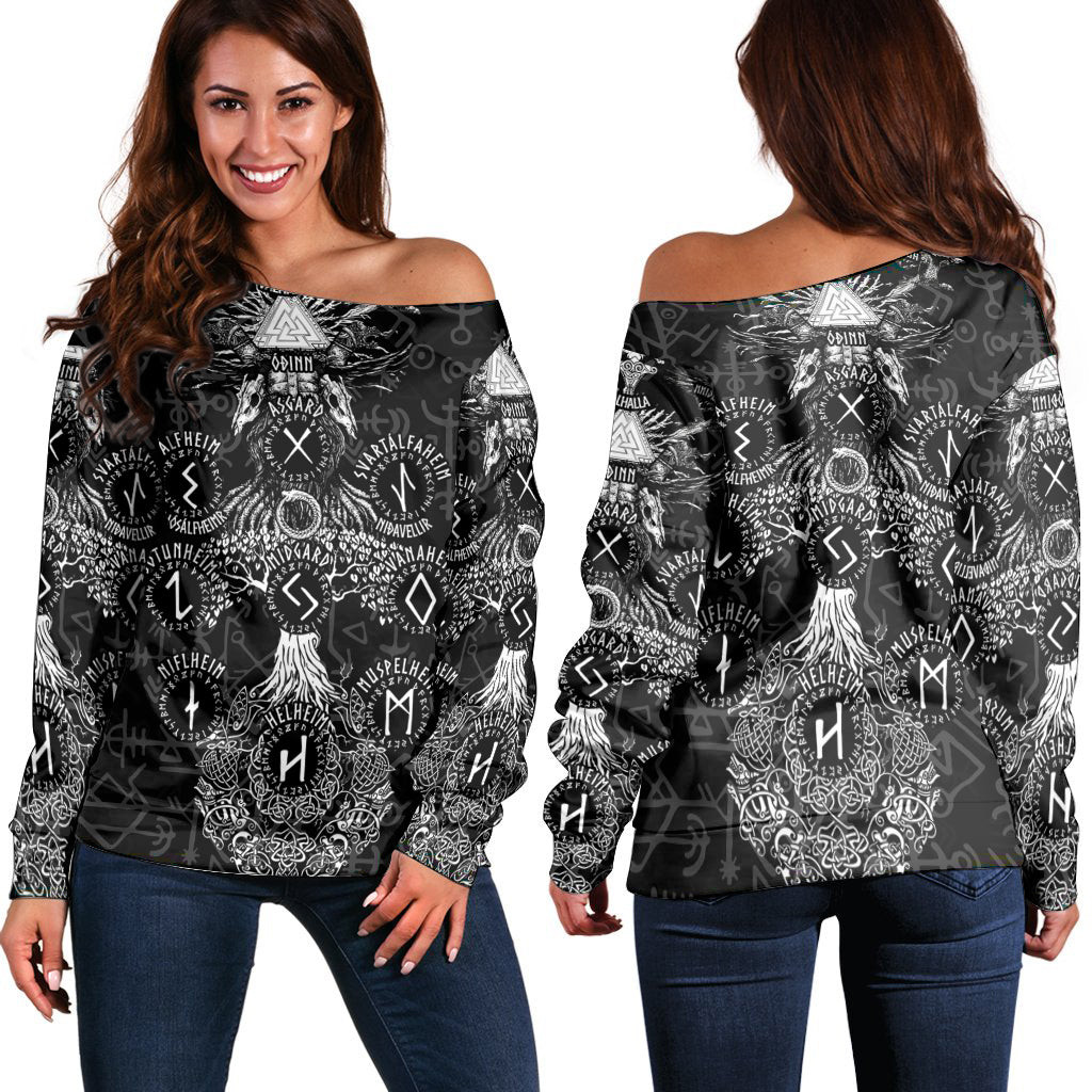 Viking Style Off Shoulder Sweater – Odin Tree Runes A21 – Karipun