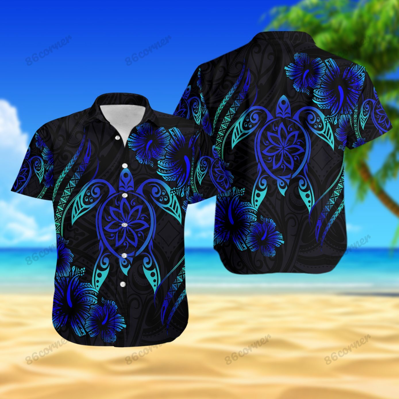 Turtle Black And Blue Samoa Hibiscus Hawaiian Shirt Short Set Ha46414