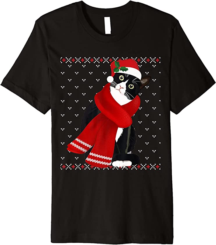 Ugly Christmas Black Cat Santa Hat Scarf Holiday Cute Gifts Premium T-Shirt