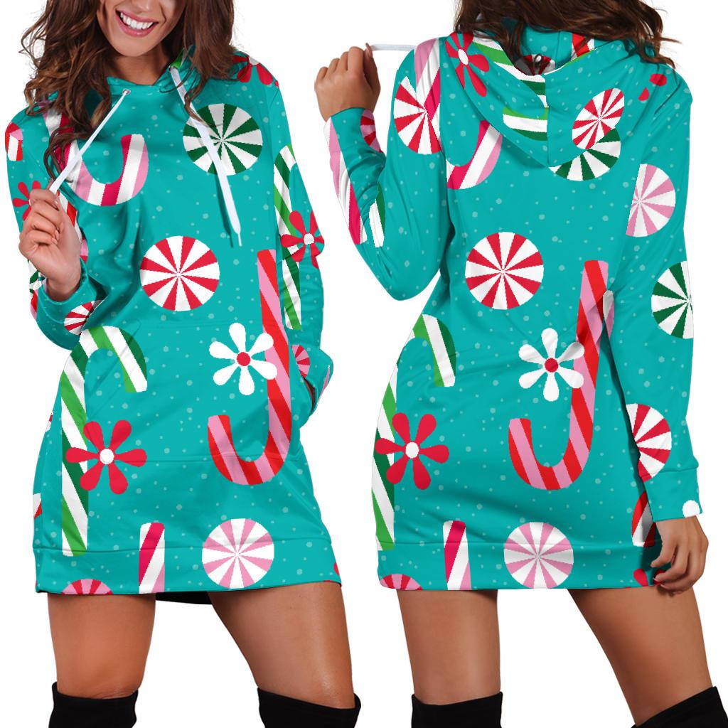 Christmas Candy Pattern Women Hoodie Dress