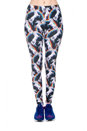 Women Skinny Fitness Halloween Unicorn Printed Leggings Navy Blue