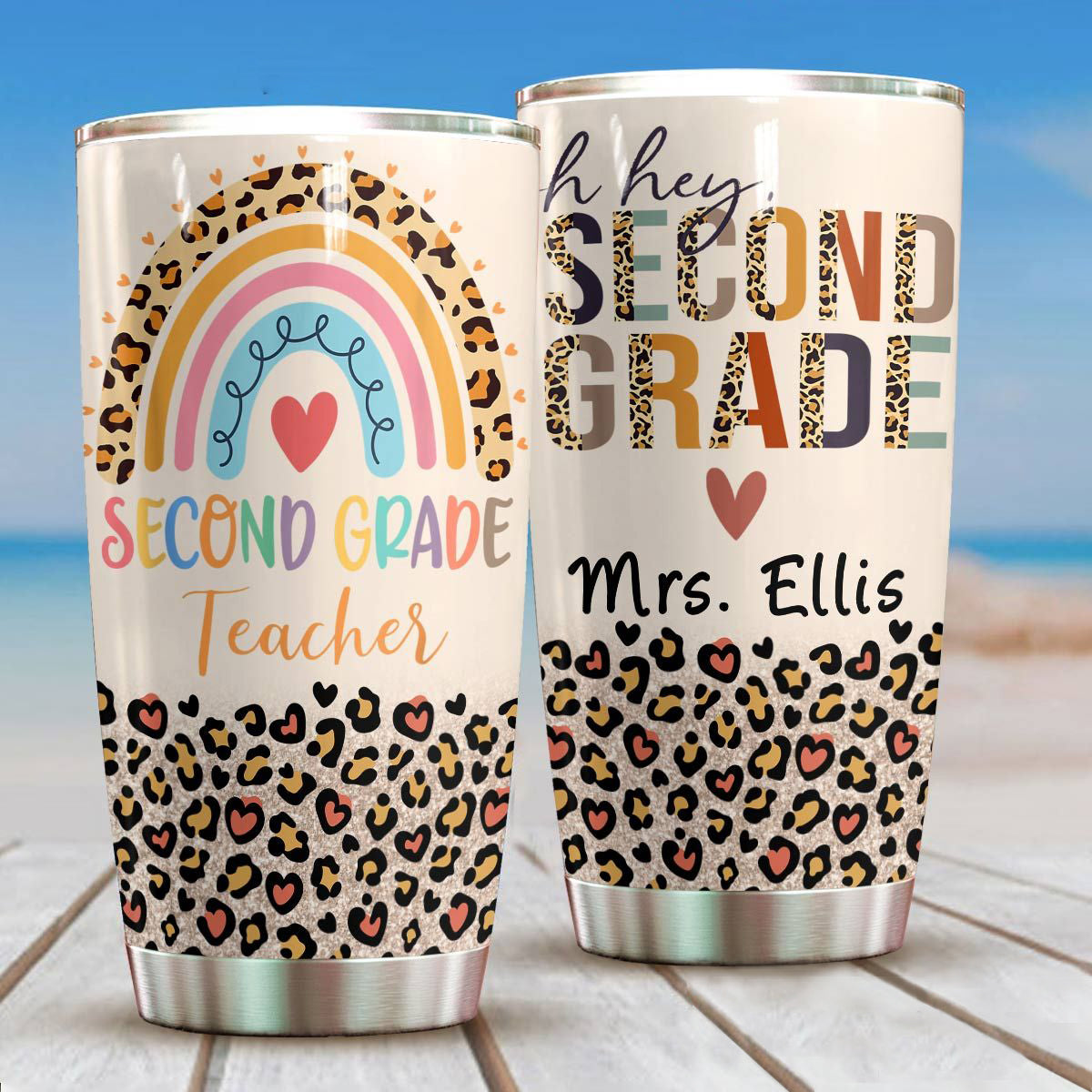 Personalized Travel Cup For Teacher Oh Hey Second Grade Rainbow Leopard 20Oz Tumbler Custom Name Back To School Gifts