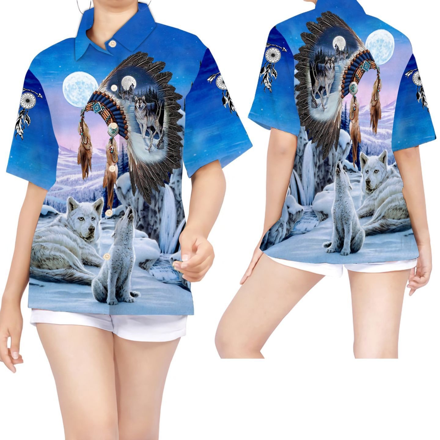 Wolf Native American Headdress Hawaiian Shirt For Women For American Indian – Gift For Wolf Lovers