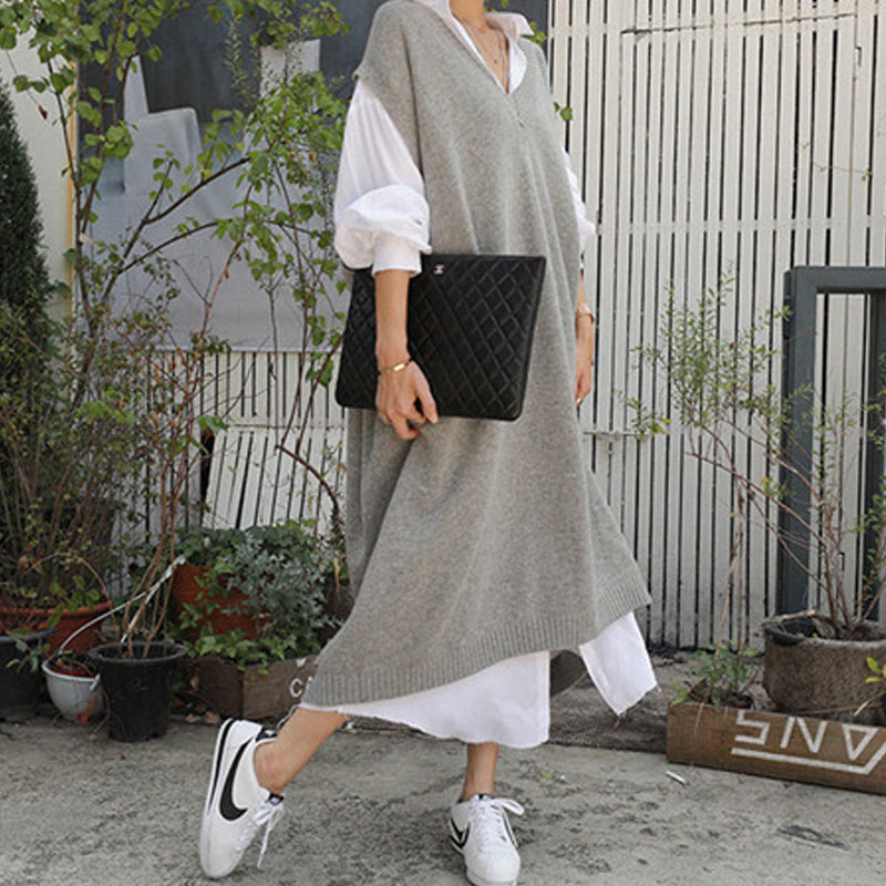 Warm Gray Sweater Dresses Women Oversize Sleeveless Casual Loose Knitted Dress Ladies Office Work Wear Long Dress Robe Longue alx