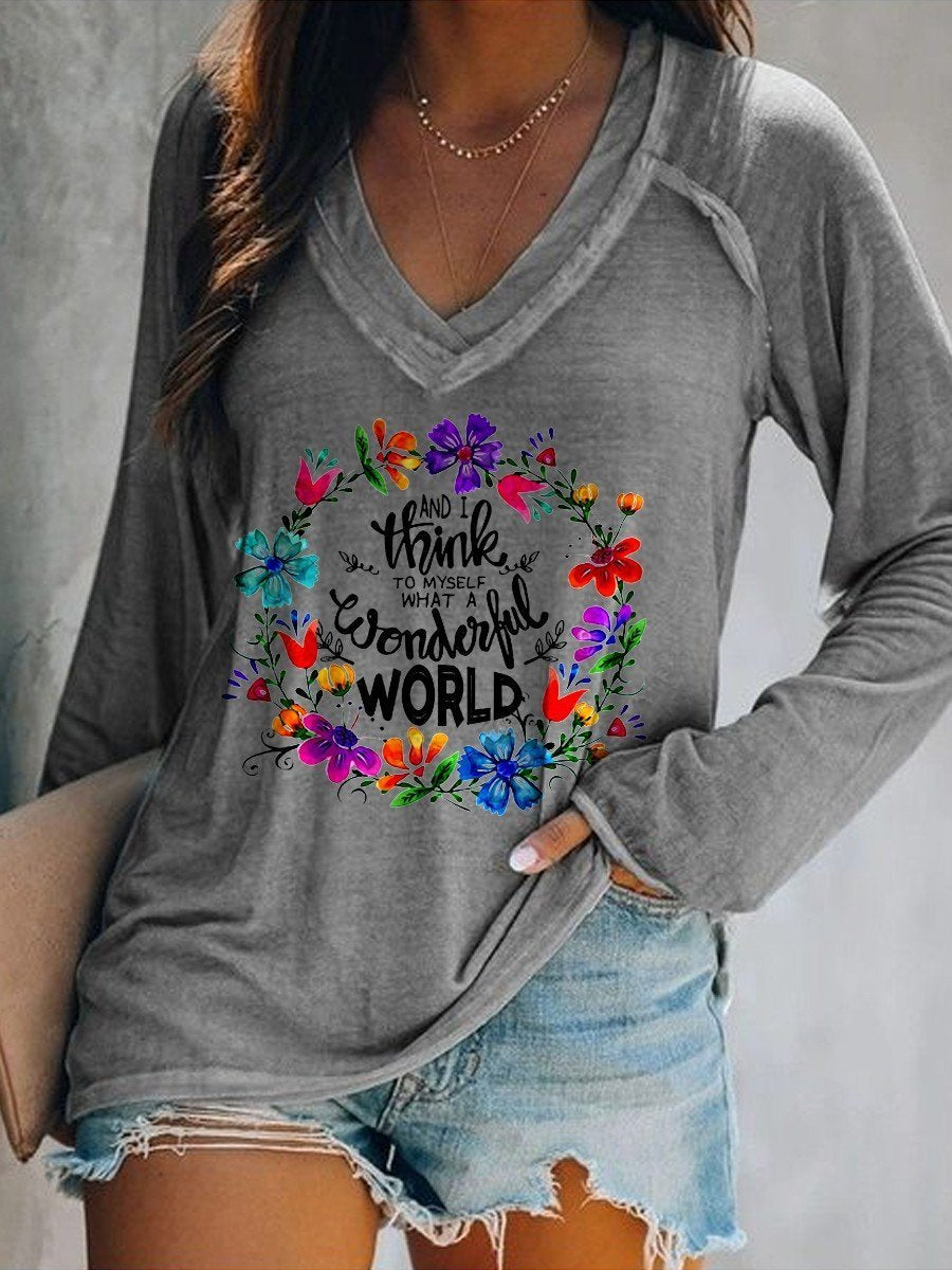 Women And I Think To Myself What A Wonderful World Hippie Flower Long Sleeve T-Shirt