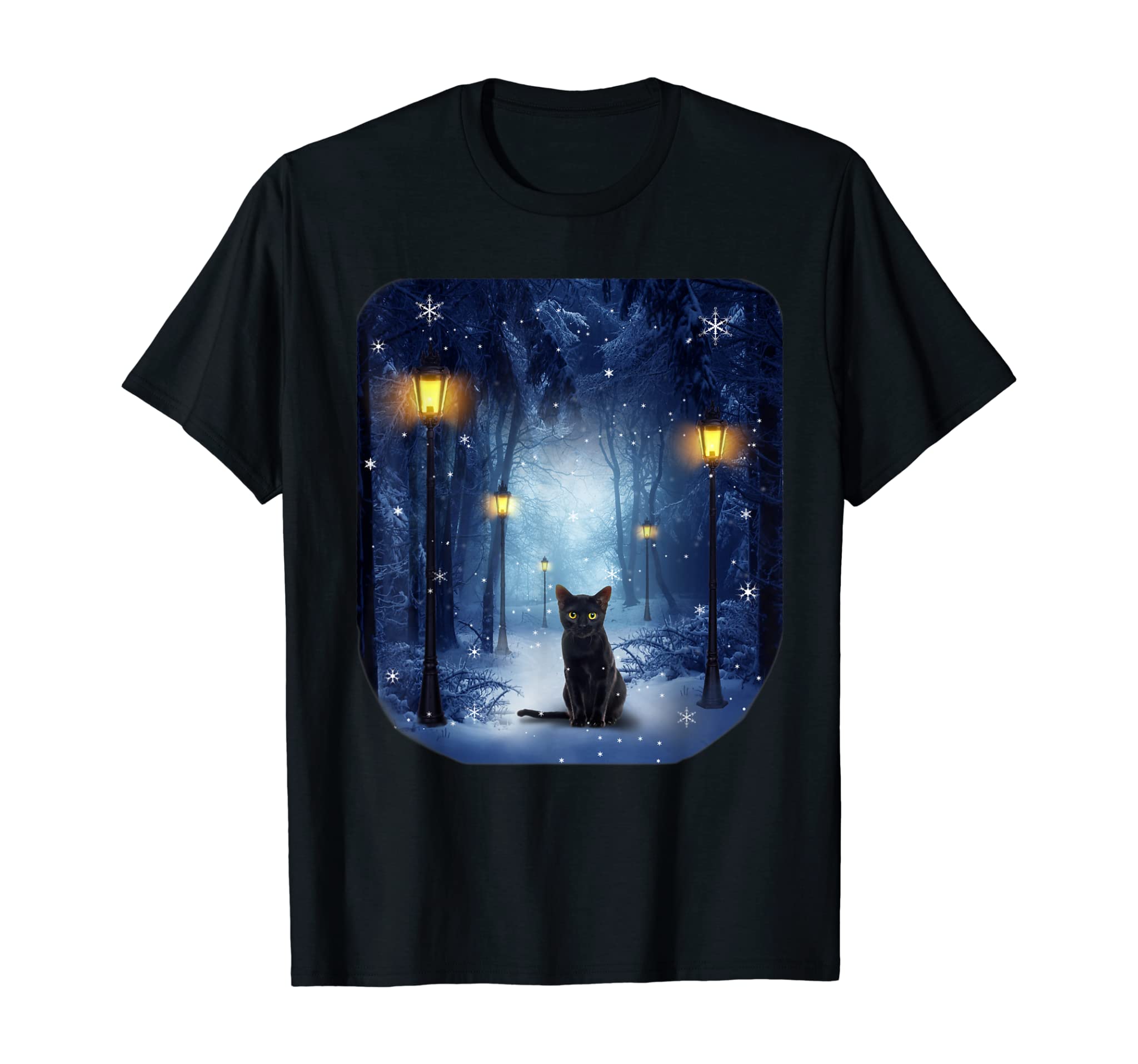 Black Cat in Snowy Forest Cats Tee Shirt Gifts