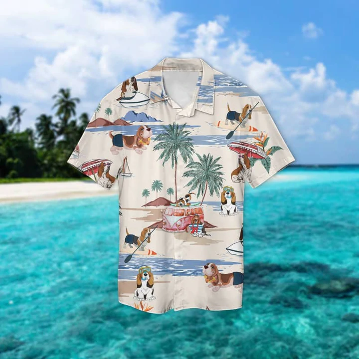 Basset Hound Summer Beach Hawaii Hawaii Shirts For Men Short Sleeve Aloha Shirt Ha14133