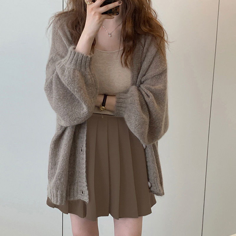 Autumn College Style 2022 New Sweet Knitted Cardigan Sweater + Pleated Skirt Women’s Two Piece Suit alx