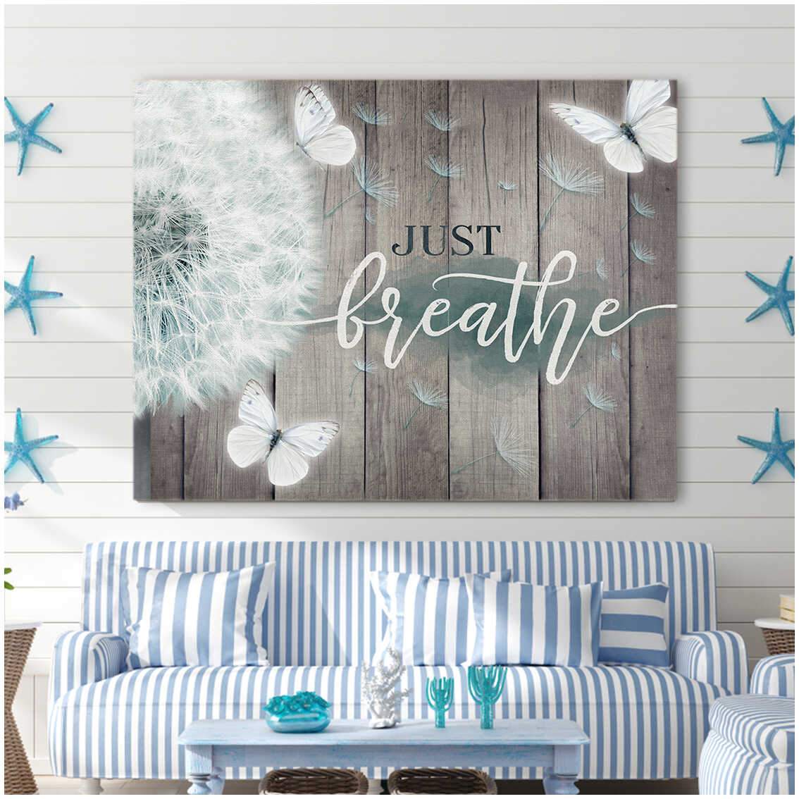 Beautiful Dandelion And Butterlies On Gray Vintage Wood Just Breathe Farmhouse Poster Print, Canvas Wall Decor