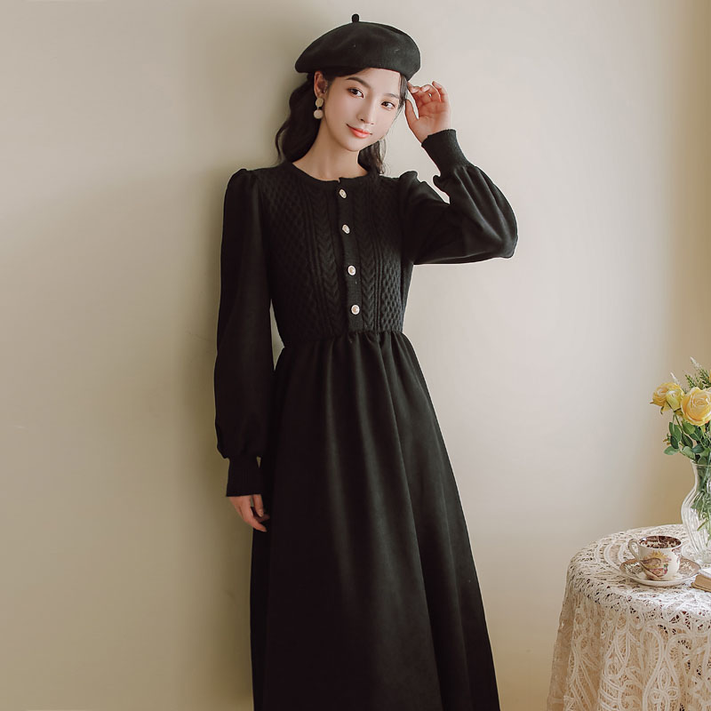 Spring And Autumn Fried Dough Twist Stitched Woolen Dress Women’s Clothing 2022 New Gentle Wind Waist Pearl Button Long Sleeved alx