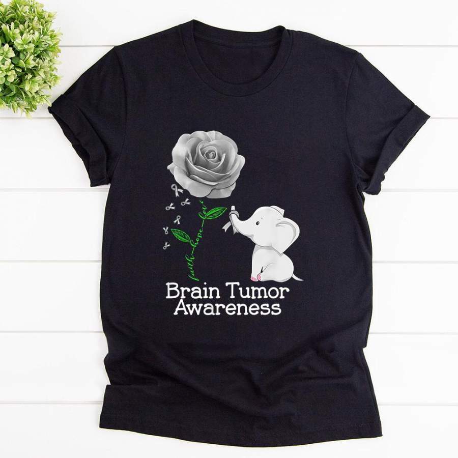 Brain tumor awareness cute elephant faith hope love elephant brain tumor awareness rose black cotton t shirt for men and women S-6XL