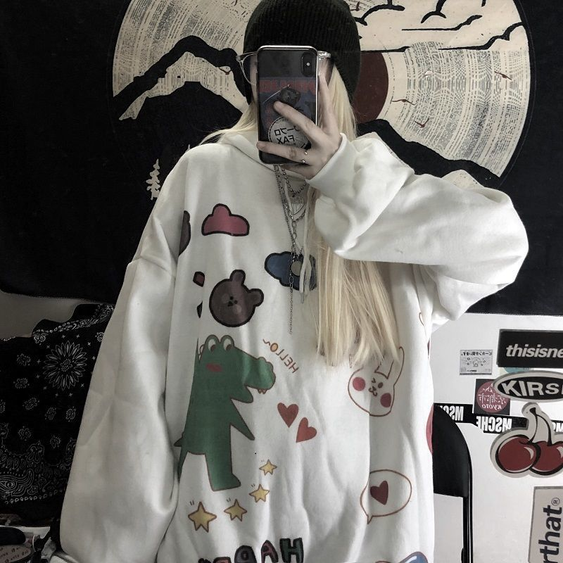 Cartoon Print Hoodies Women Hooded Long Sleeve Autumn Winter Sweatshirts Harajuku Cute Kawaii Tops Oversize Pullover Streetwear alx