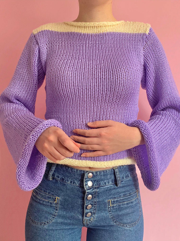 Vintage Striped Sweaters Women Autumn Winter Flared Sleeve Knitted Pullover Y2K Korean Style Jumper Cropped Tops Female Suéteres alx