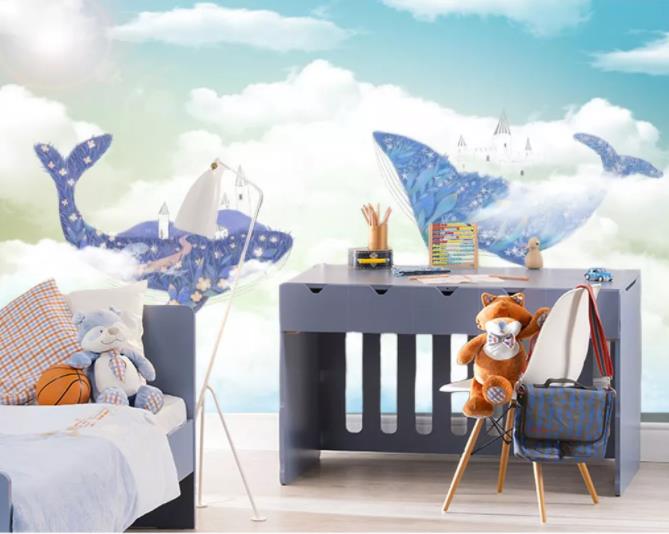 3D Cartoon Sky Whale Wall Mural Wallpaper 224