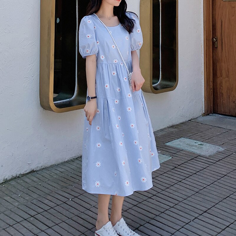 Vinatge Floral Embroidery Dress Elegant Lady 2021 Summer Korean Short Puff Sleeve Flowers Long Dresses Women Blue Vestidos alx