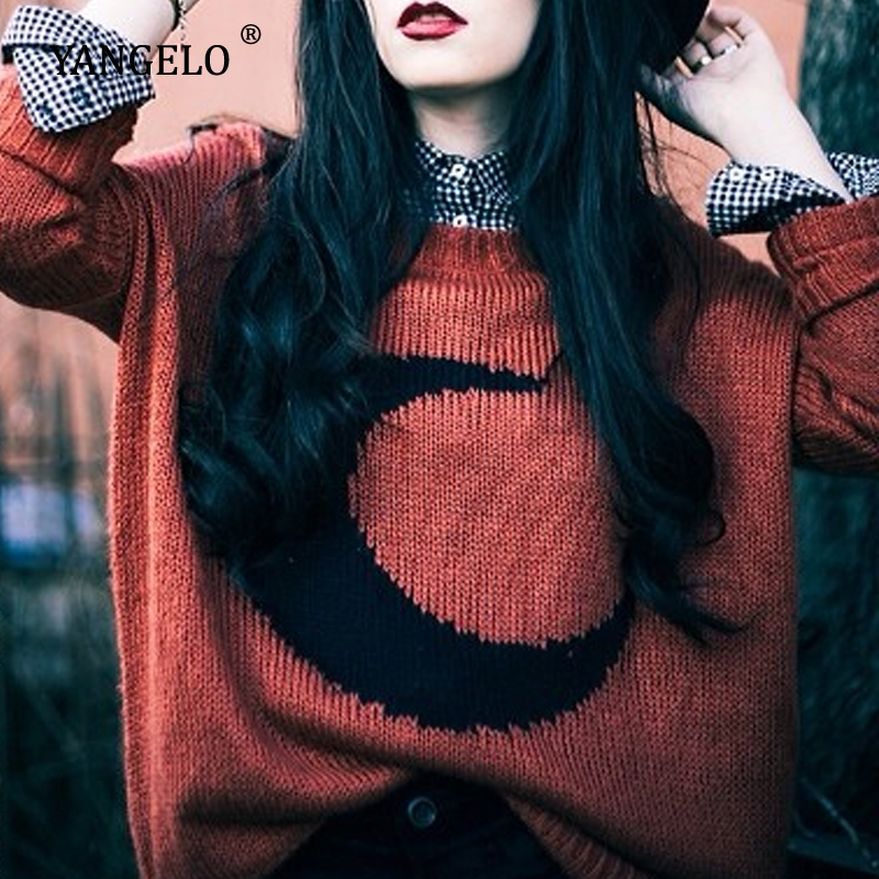 Yangelo Gothic Moon Pattern Sweater Women Knit Top Loose Long Sleeves Warm Autumn Streetwear Fashion Harajuku Girl Pullover 2020 alx