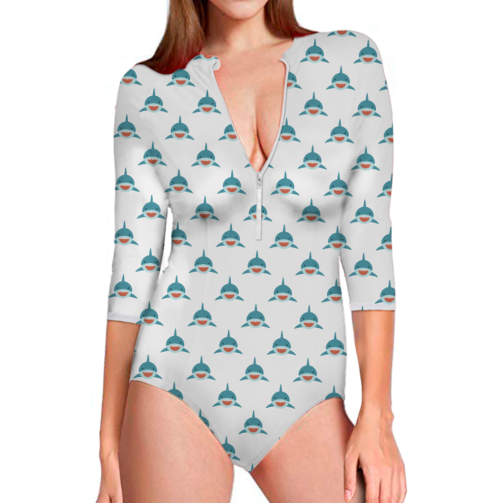 Smiley Shark Pattern Print Long Sleeve One Piece Swimsuit