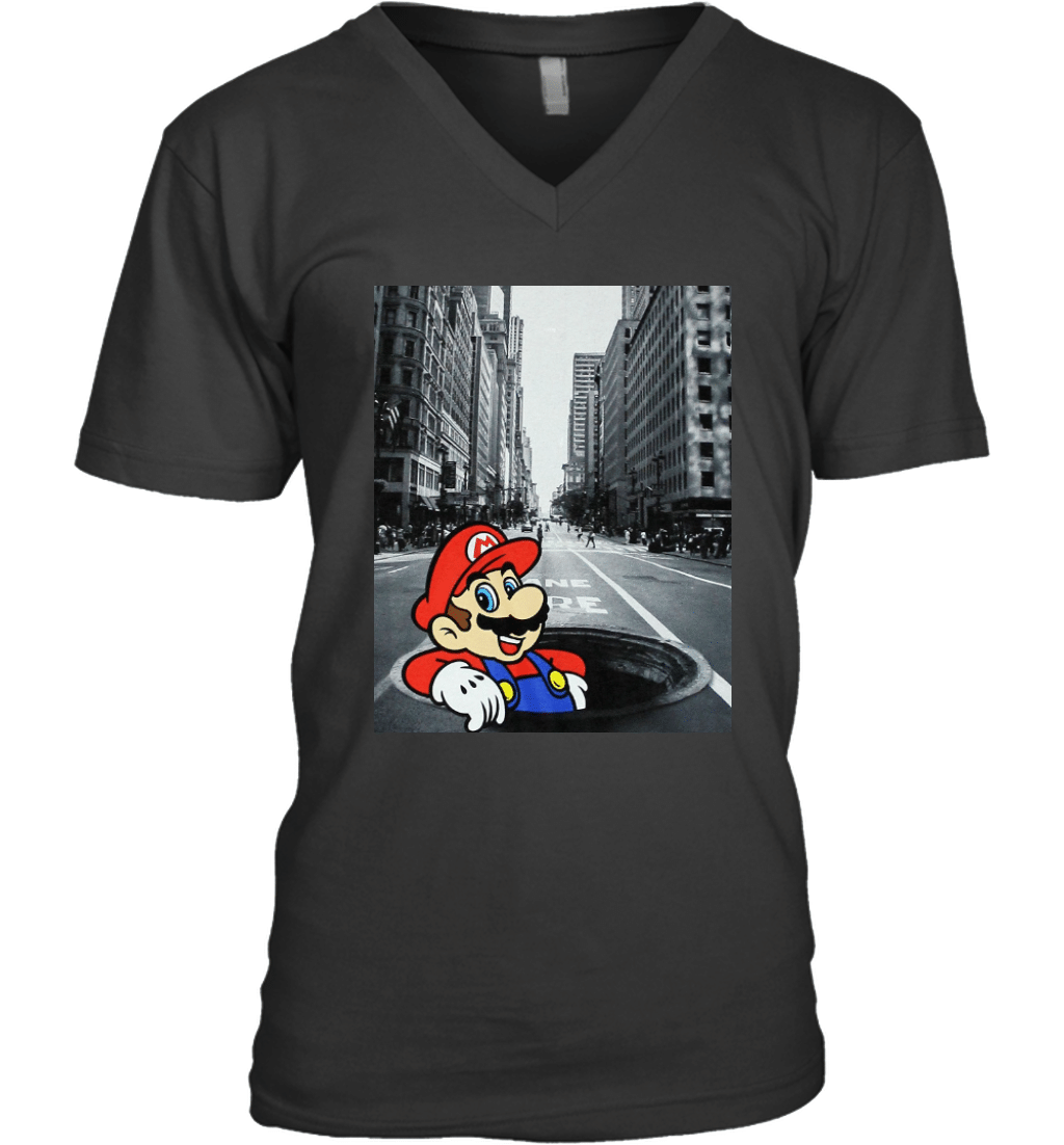 Super Mario Brothers Mens Mario Popping From a Manhole In NYC VNeck