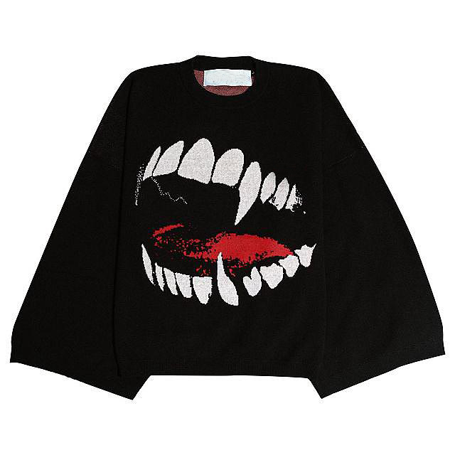 2022 Hip Hop Grunge Teeth Pattern Print Knit Oversized Women Pullovers Fashion Vintage Harajuku Streetwear Y2K Goth Men Sweaters alx