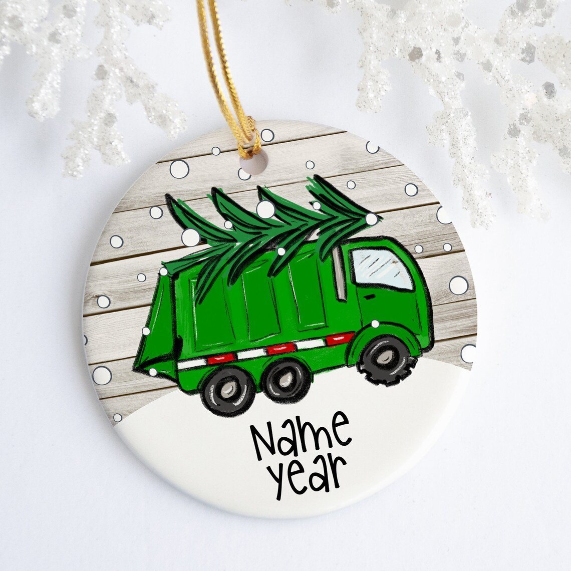 Personalized Garbage Truck Ornament Ceramic Porcelain Holiday Ornament Christmas Name Year Custom Ornament Green Truck