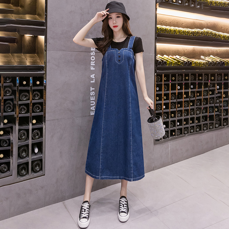 #2425 Denim Dresses Women Summer Overalls Denim Dress Female Korean Style Sleeveless Spaghetti Strap A-line Midi Dress Ladies alx