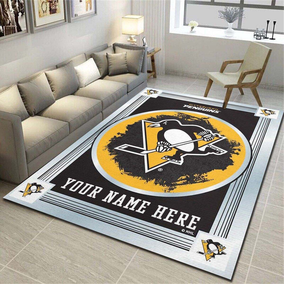 Pittsburgh Penguins Personalized Rug, Team Living Room Carpet, Customized Fan Cave Floor Mat