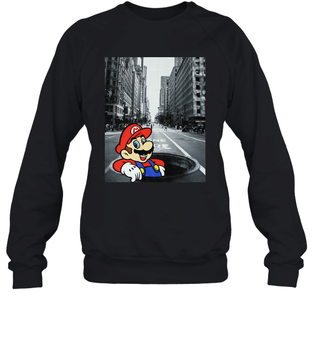 Super Mario Brothers Mens Mario Popping From a Manhole In NYC Sweatshirt