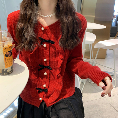 Cardigan Women Spring Bow Design O-neck Korean Style Elegant Soft Knitted Sweaters Vintage Gentle French Retro Preppy-style Tops alx