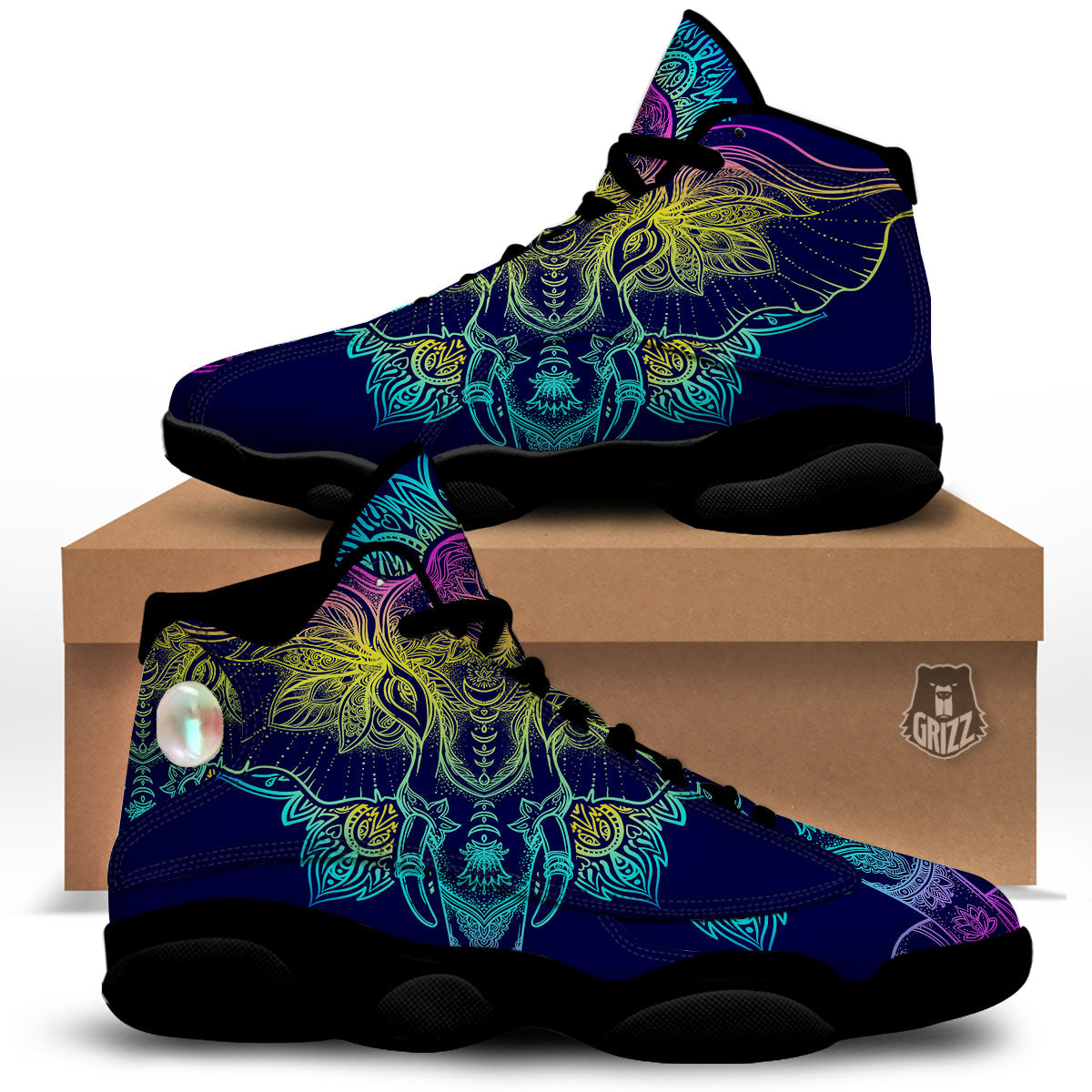 Mandala Spiritual Elephant Print Black Basketball Shoes