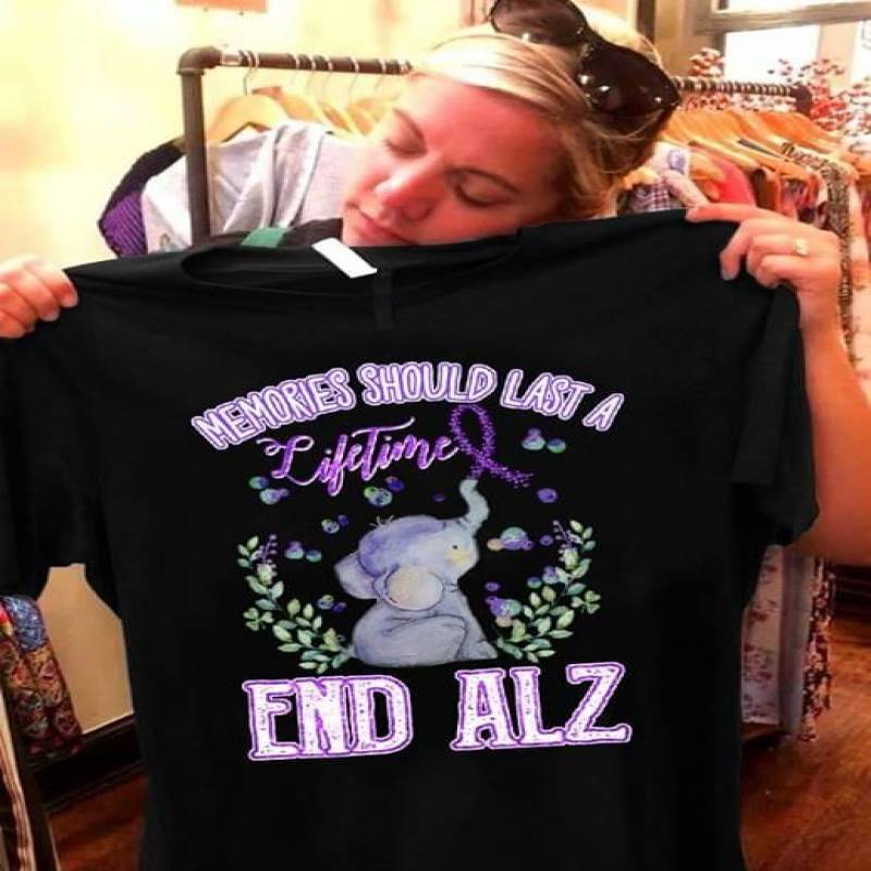 Baby Elephant Ribbon Purple Awareness Memories Should Last A Lifetime End Alz Best Gifts For Animals Lovers Black Men And Women T Shirt S-5Xl