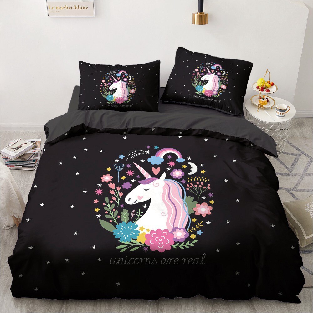 3D Bedding Set Black Comfortable Cartoon Unicorn Single Double Twin Full Queen King Size Bedroom Duvet Cover Set Children Kids