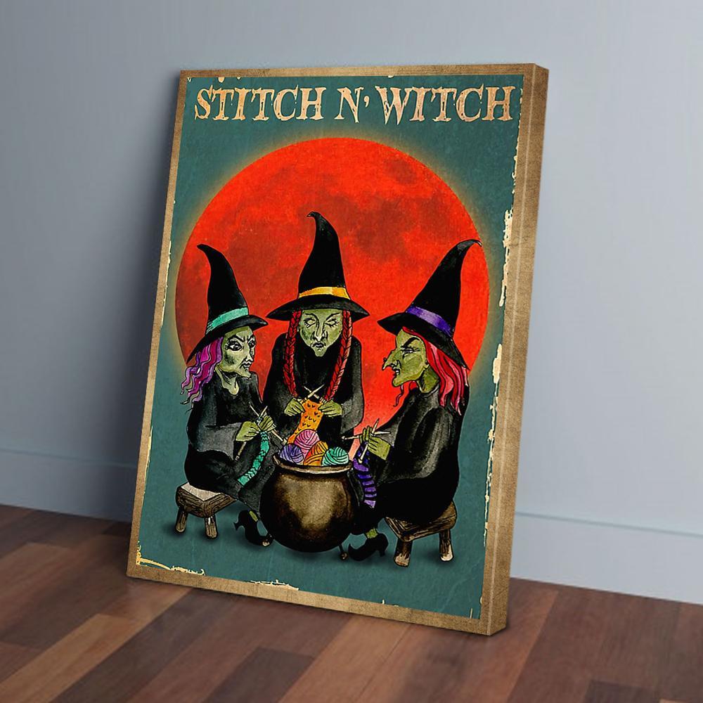 Stitch N’ Witch Knitting Halloween Canvas And Poster, Canvas Prints, My Poster Wall, Canvas Wall Art, Wall Decor Visual Art, Halloween Gift, Happy Halloween