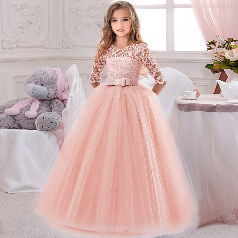 Summer Pink White Bridesmaid Girl Party Wedding Kids Clothes For Girls Children Clothing Princess Vestidos 8 10 12 13 14 Years alx