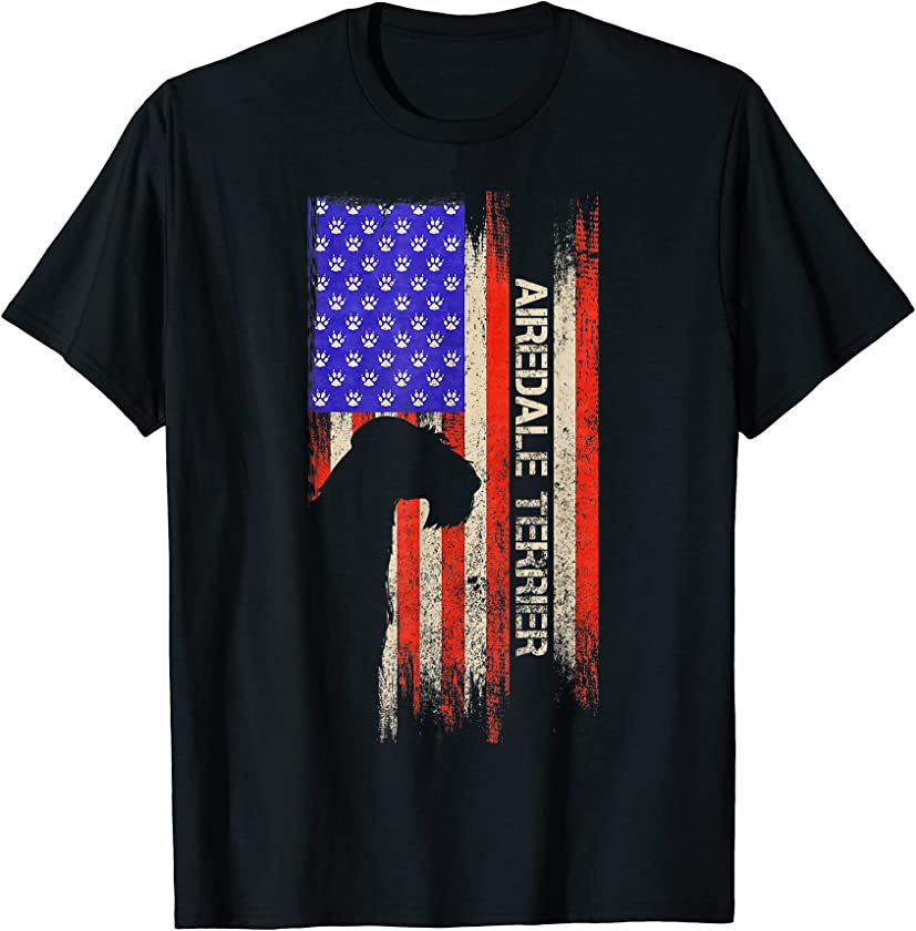 Vintage USA American Flag Airedale Terrier Silhouette Funny T-Shirt