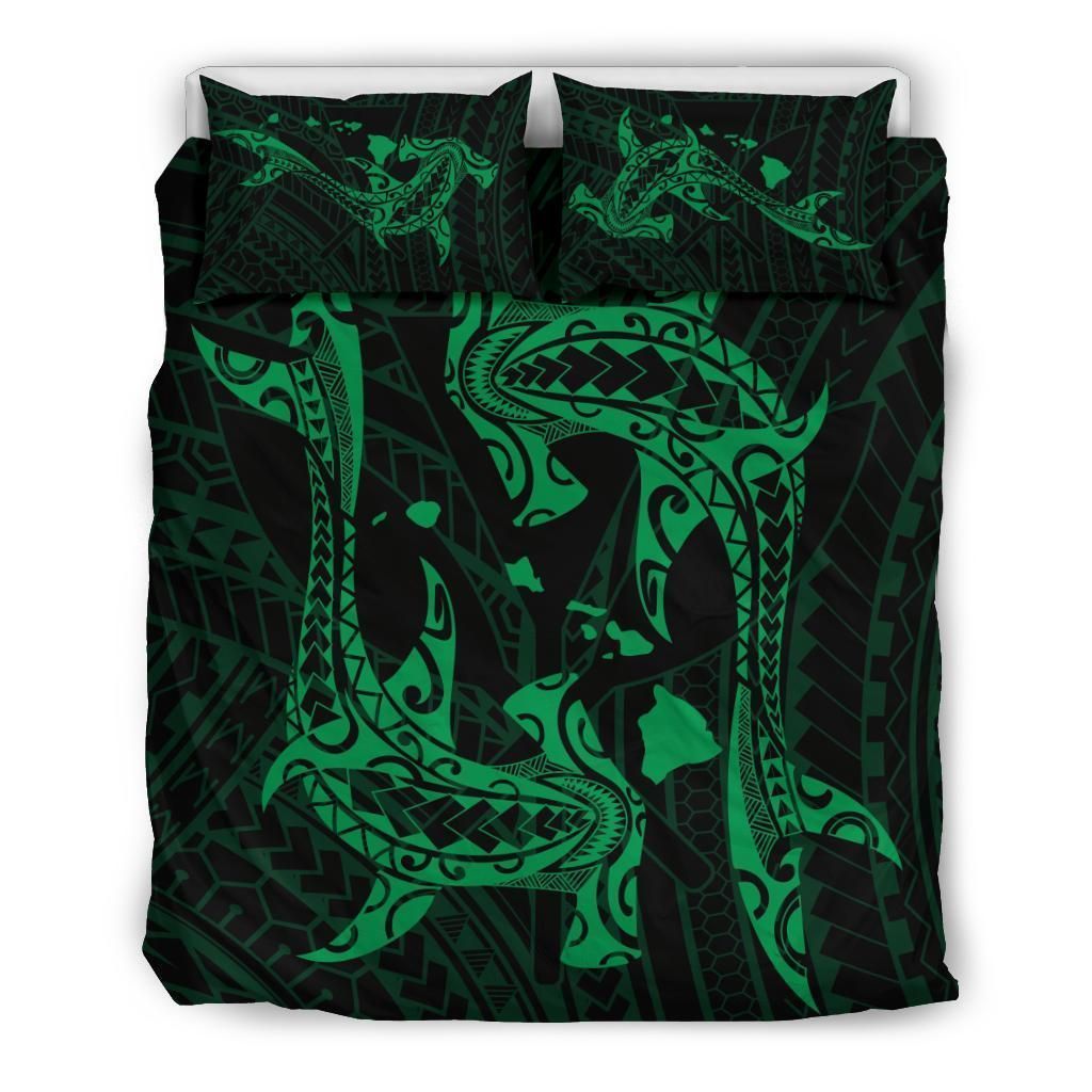 Alohawaii Bedding Set – Cover And Pillow Cases Hawaiian Map Hamerhead Shark Yin Yang Polynesian Green – Ah J9