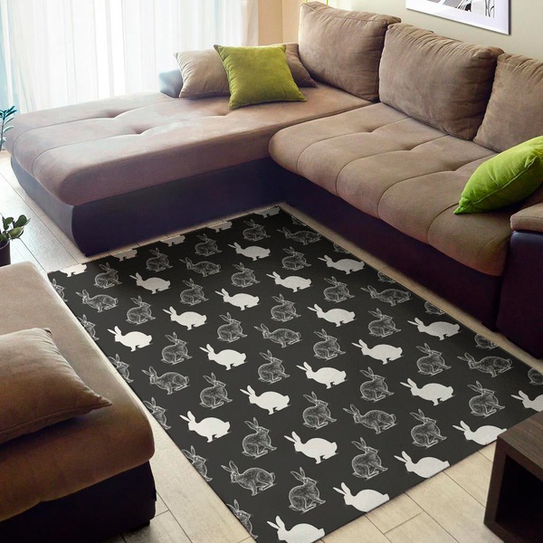 Black And White Rabbit Pattern Print Area Rug