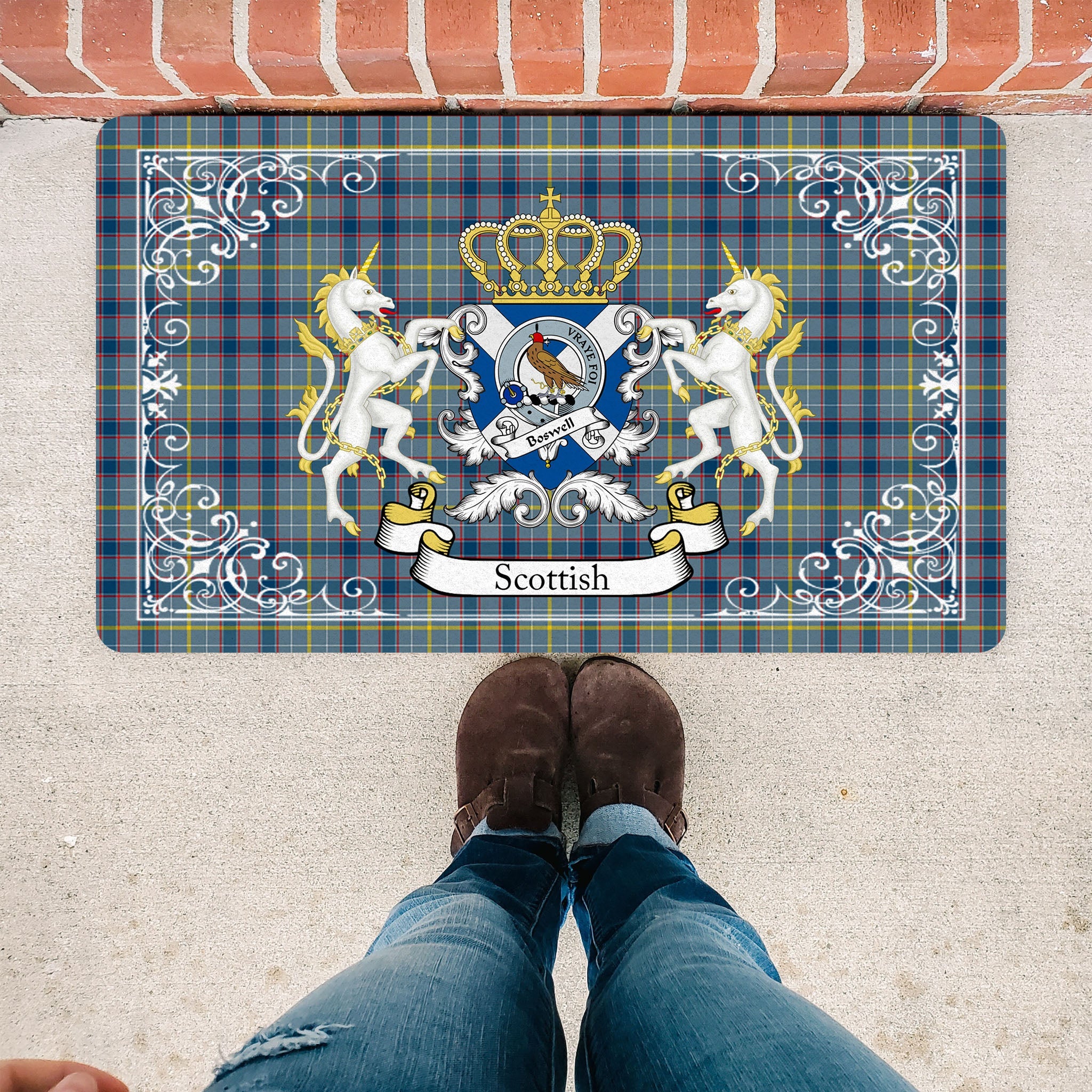 Scotstee Shop Tartan Door Mat Boswell Clan Badge Tartan Scottish Plaid Doormat, Christmas Door Mat