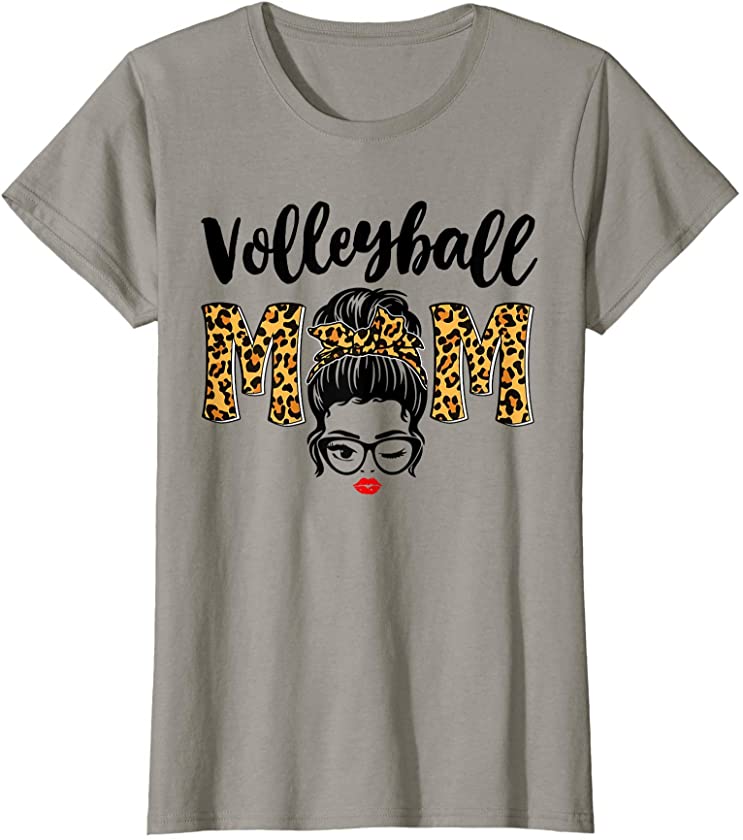 Womens Volleyball Mom Shirt Cute Leopard Messy Bun Mother Day T-Shirt