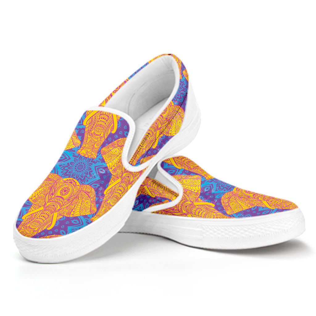 Yellow Mandala Elephant Pattern Print White Slip On Shoes