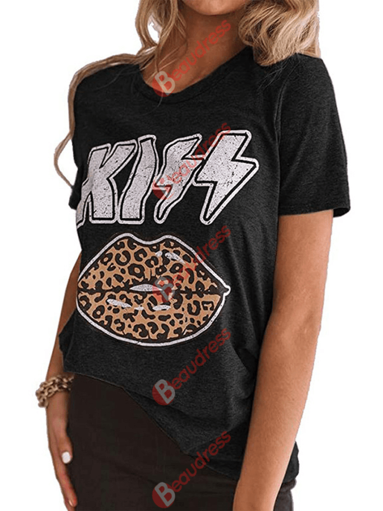 Women‘s Kiss Letters Printed Leopard Lips Art Print T-shirt