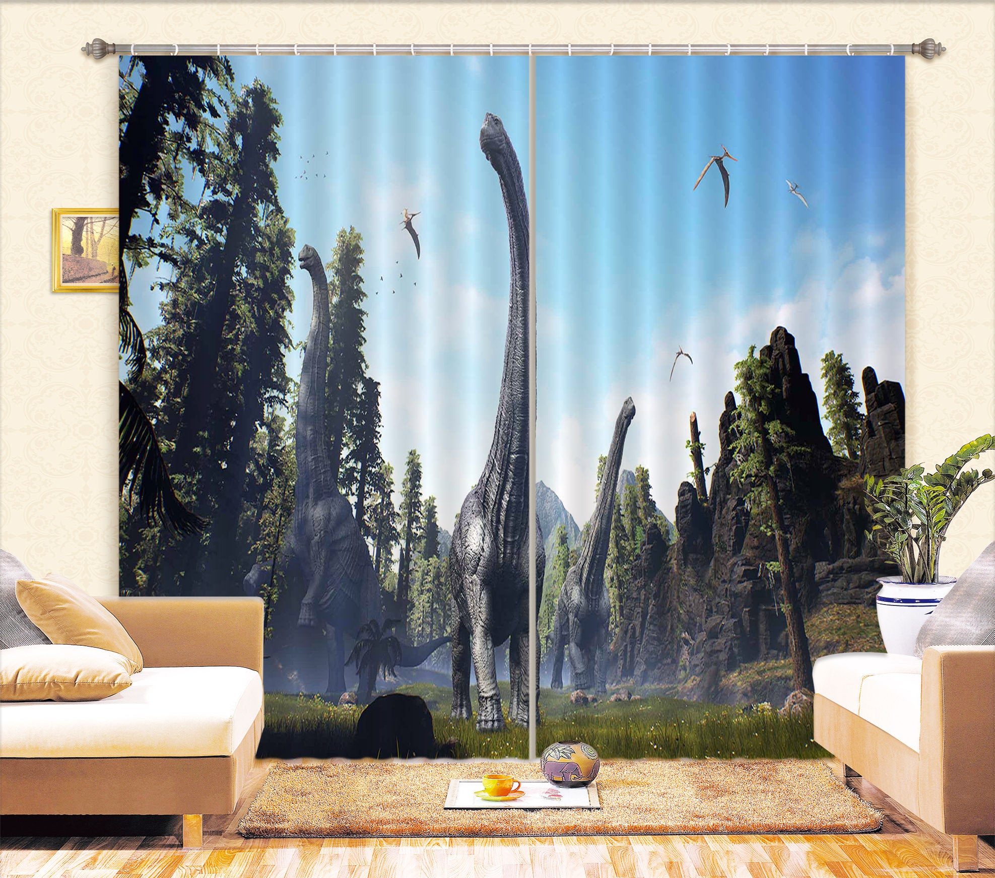 3D Dinosaur In The Forest C030 Blockout Photo Curtain Print Curtains Drapes Fabric Window | 3D Large Photo Curtain, Jess Art Decoration Wallpaper