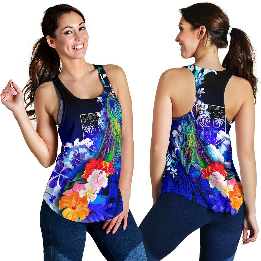 Fiji Women’S Racerback Tank – Humpback Whale With Tropical Flowers (Blue)