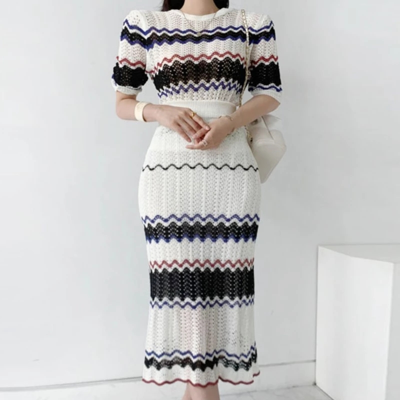 Summer New Striped Hit Color Hollow Out Knitted Two Piece Set Women’s Pullover Tops High Waist Midi Skirts Elegant Suits alx