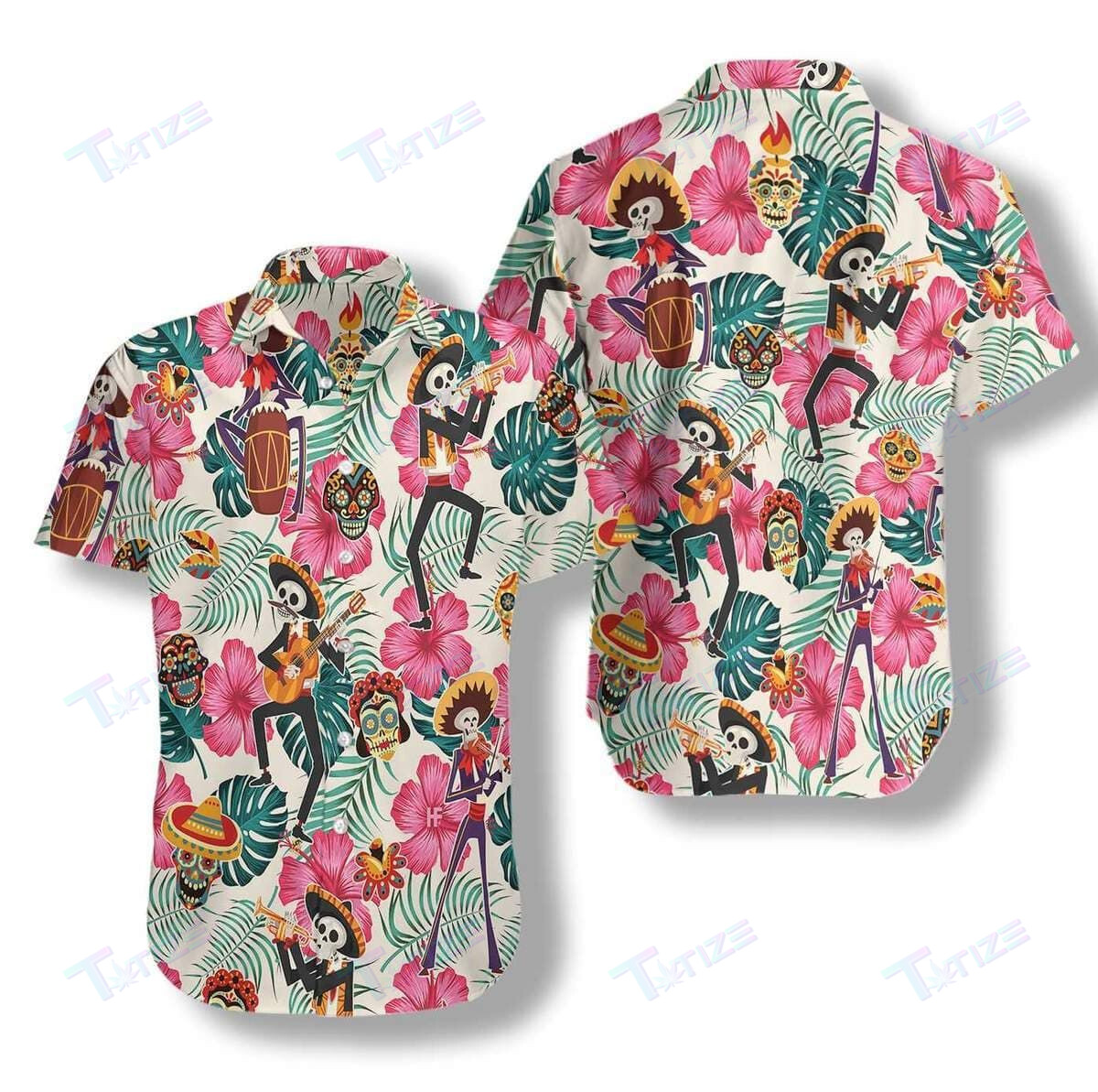 Skull Skeleton In Mexican Costumes All Over Printed Hawaii Shirt Size S Ha12706